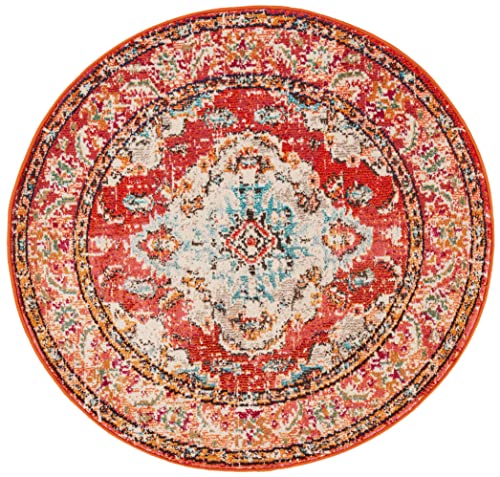SAFAVIEH Boho Teppich für Wohnzimmer, Esszimmer, Schlafzimmer - Monaco Collection, Kurzer Flor, Orange und Hellblau, 122 X 122 cm SAFAVIEH Boho Teppich für Wohnzimmer, Esszimmer, Schlafzimmer - Monaco Collection, Kurzer Flor, Orange und Hellblau, 122 X 122 cm