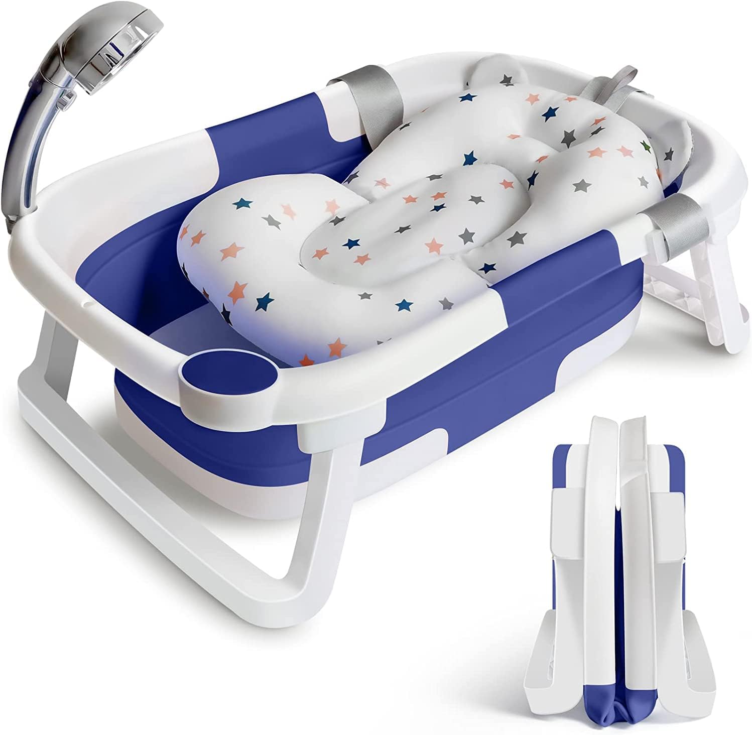 Baby Bath Tub Foldable Bathtub,Collapsible Bath Tub,Portable Safe Shower Basin with Cushion Pad Water Plug Non-Slip Support Leg for Newborn,Toddler,Infant (Blue)