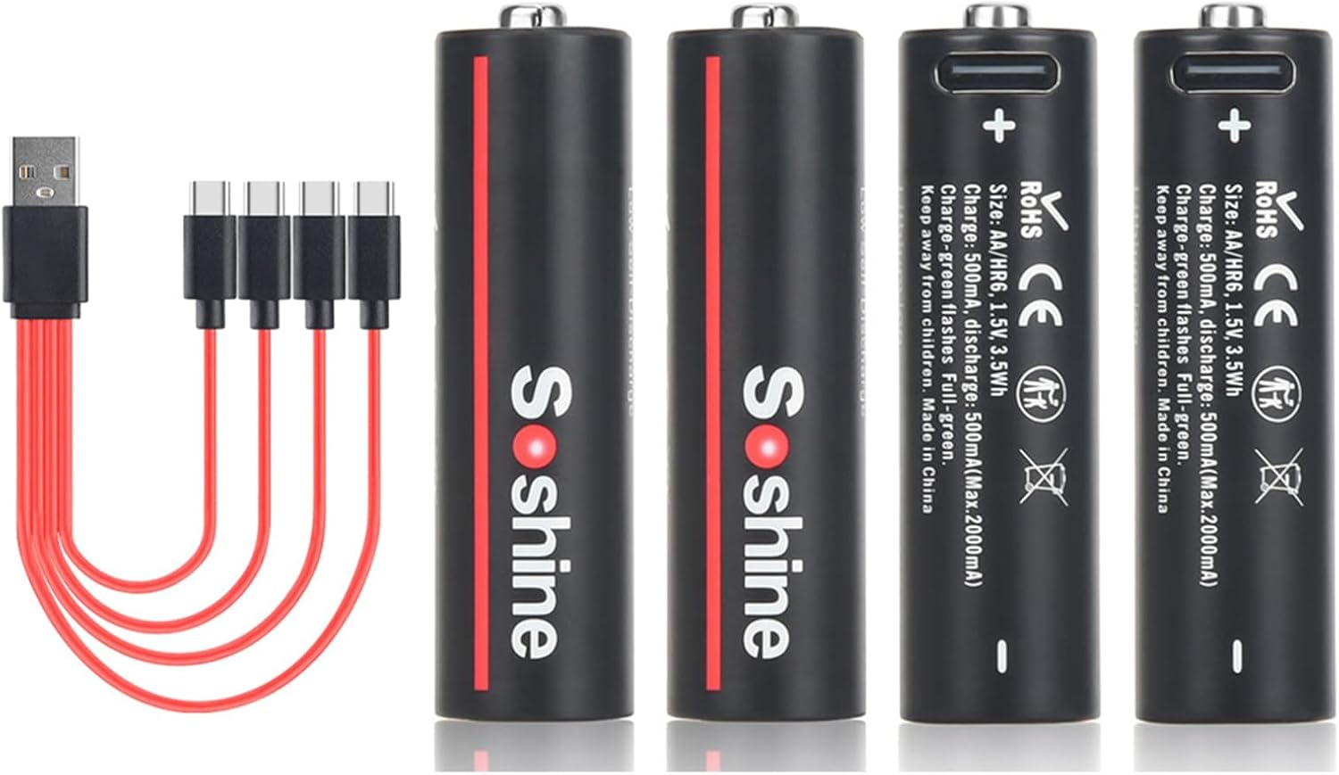 Soshine Rechargeable Lithium AA Batteries - USB C AA Battery 1.5V 3500mWh Charges 2 Hours,with 4-in-1 USB-C Charging Cable, 4-Pack - Amazon product rated Grade A