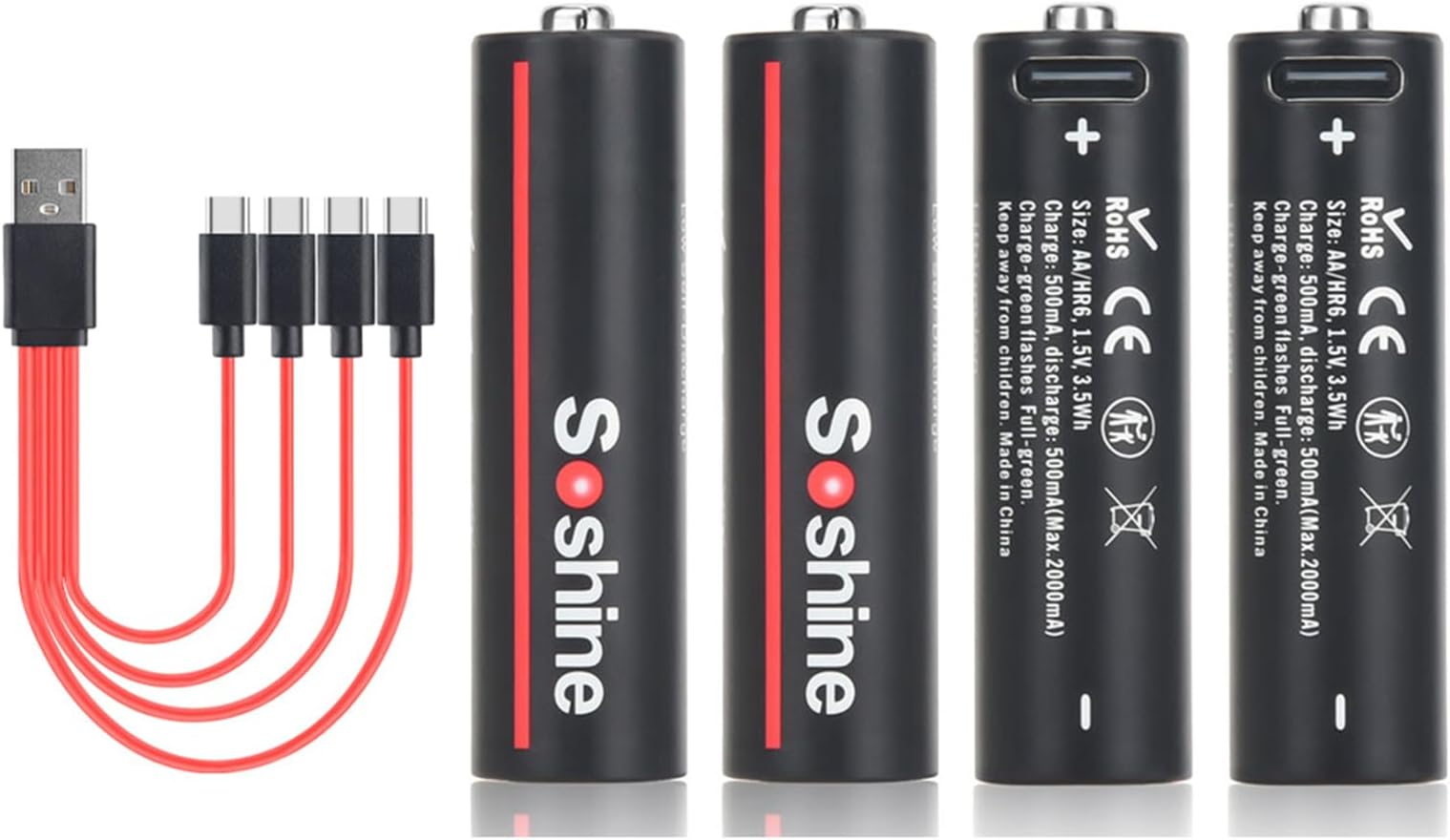 Soshine - AA Lithium Rechargeable Batteries - USB C AA 1.5V 3500mWh Battery Charge 2 Hours, with 4 in 1 USB-C Charging Cable, 4 Pack