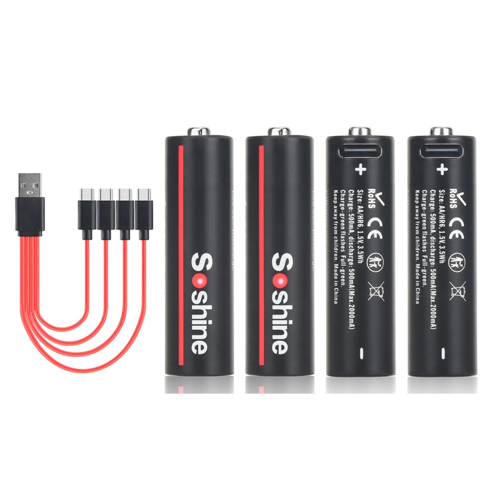 Soshine Rechargeable Lithium AA Batteries - USB C AA Battery 1.5V 3500mWh Charges 2 Hours,with 4-in-1 USB-C Charging Cable, 4-Pack