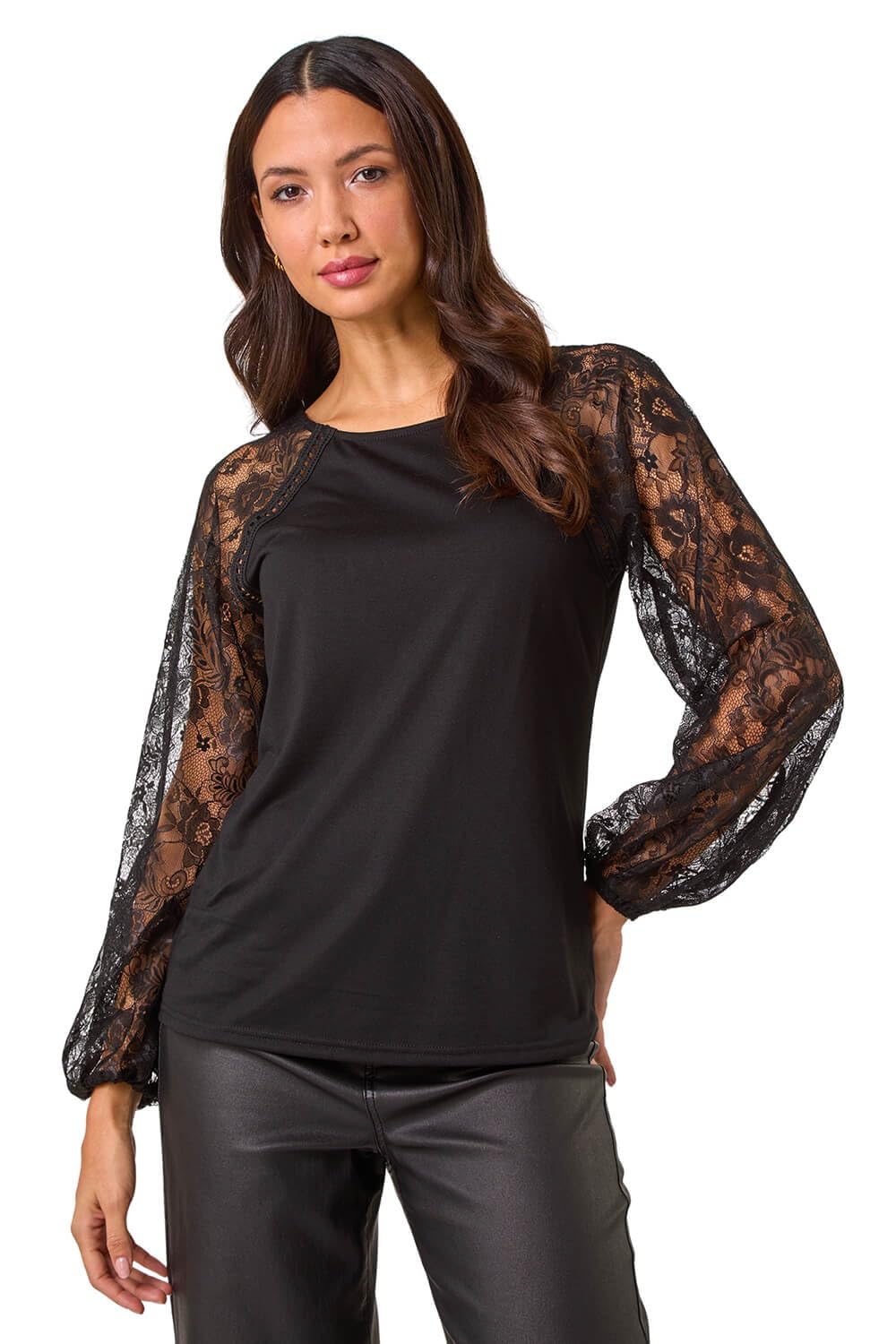 Roman Women's Black Lace Sleeve Stretch Tunic Top In | Size: 18