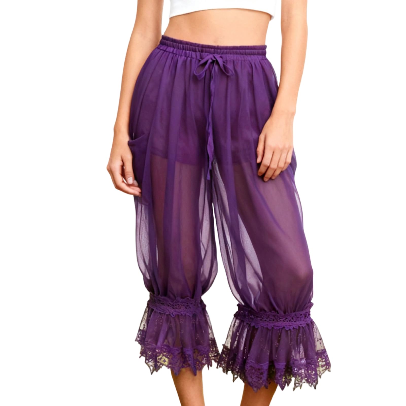Pantalon De Plage Court en Mousseline Transparente pour Femme, Taille Basse, Ourlet Volanté, Style Capri, Idéal pour Les Vacances. Z1-Purple Small