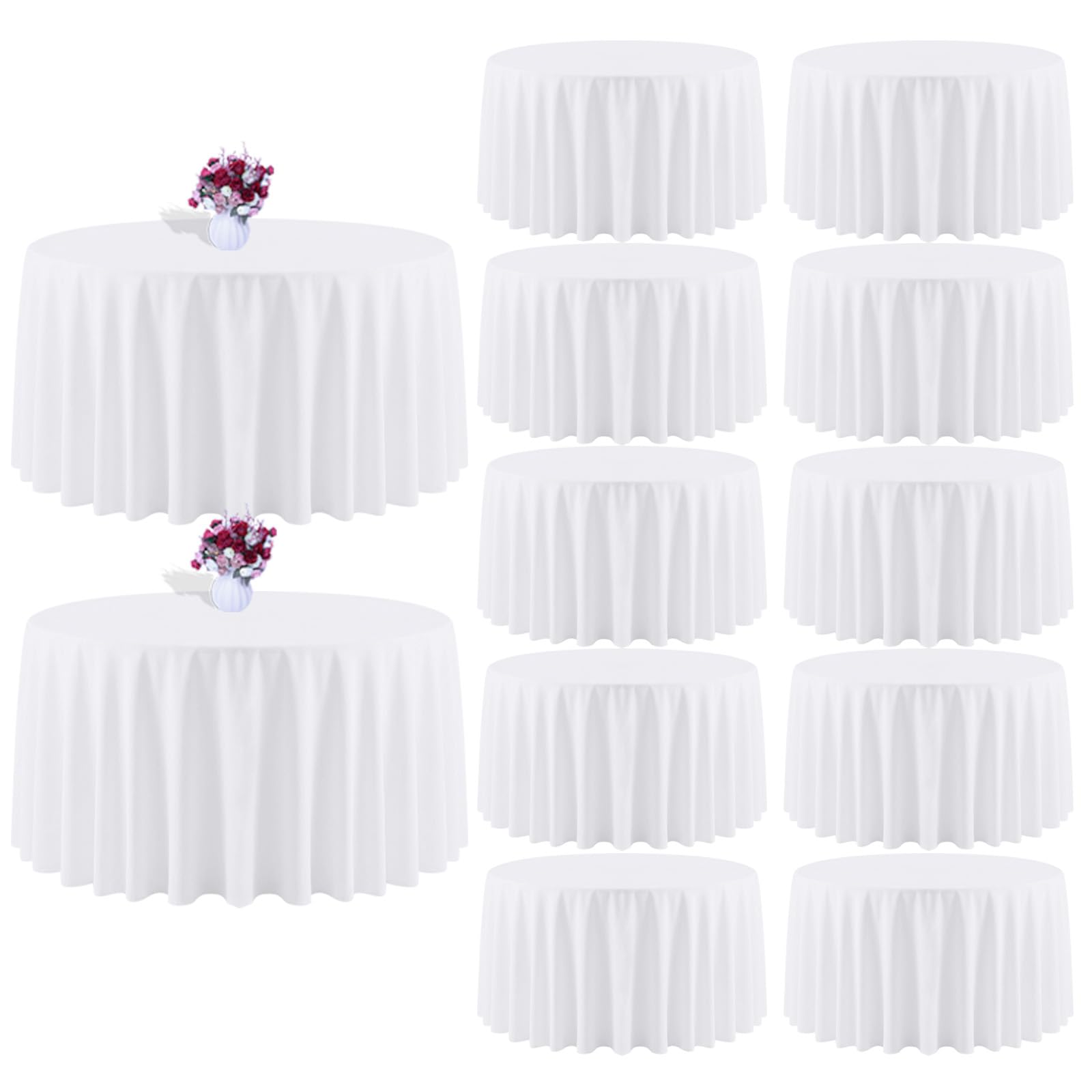 Photo 1 of CKIKU 12 Packs 108 Inch White Round Tablecloth in Diameter, Washable Polyester Fabric Tablecloths, Wrinkle Resistant Table Cloth for Wedding Party Banquet Dining