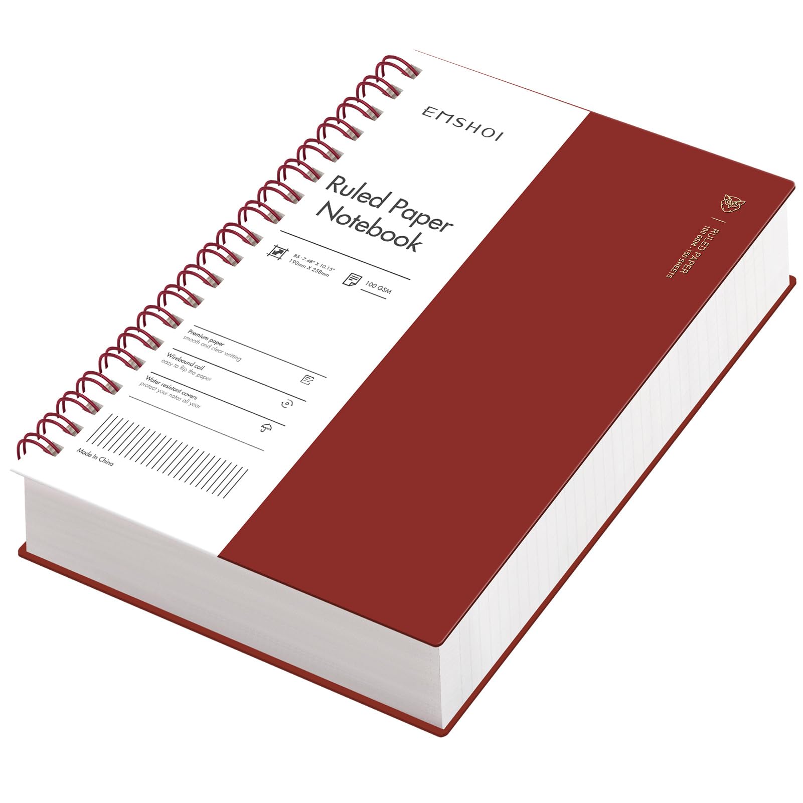EMSHOI B5 Spiral Notebook, Lined Notepad, PVC Cover, 300 Pages, Wine Red