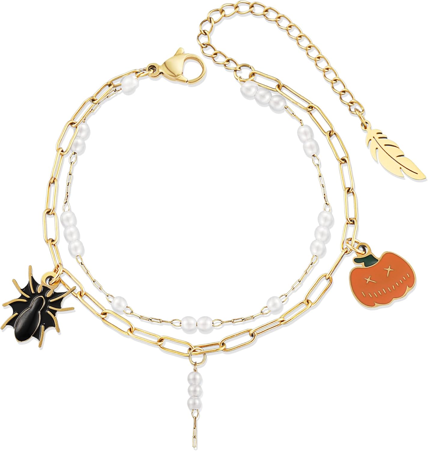 LETFLY Halloween Bracelets for Women, 18K Gold Silver Plated Pumpkin Spider Ghost Witch Charms, Stackable Beaded Bracelet Jewelry Gifts for Women