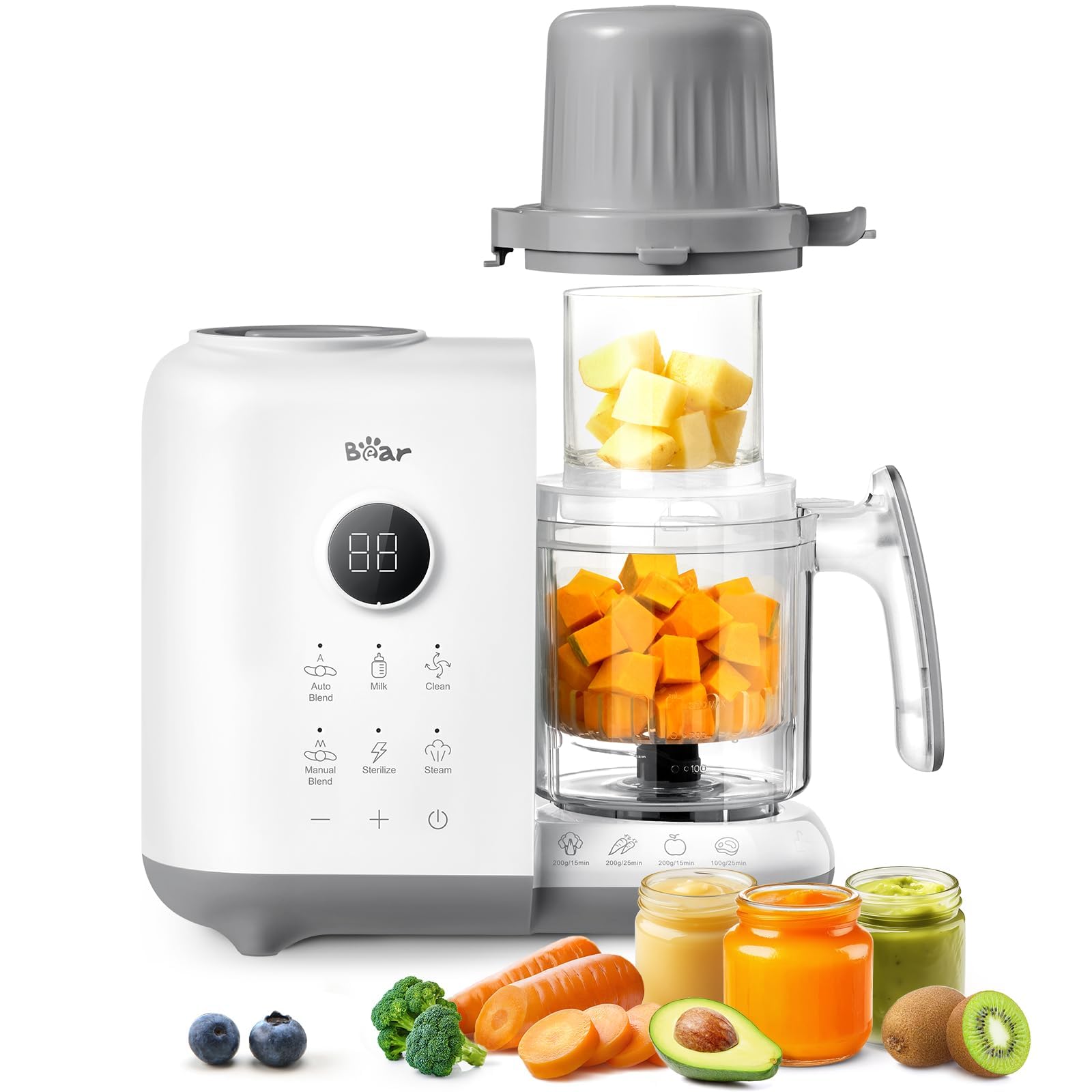 Bear baby food maker with dual-layer steam baskets in white