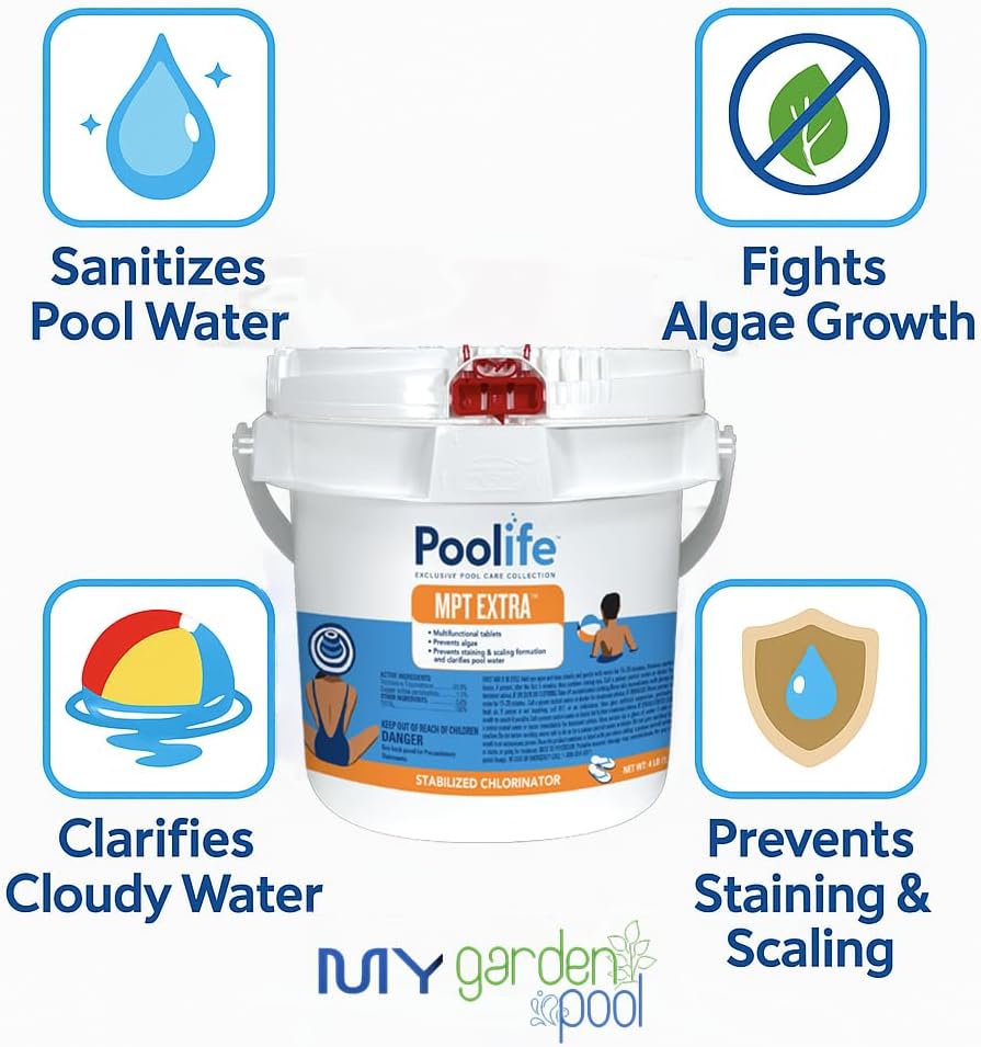 Poolife MPT Extra 4 lb – 3-in-1 Chlorine Tablets for Complete Pool Care – Sanitizes, Clarifies & Prevents Algae – Includes 2 Scum Socks and 7-in-1 Test Strips