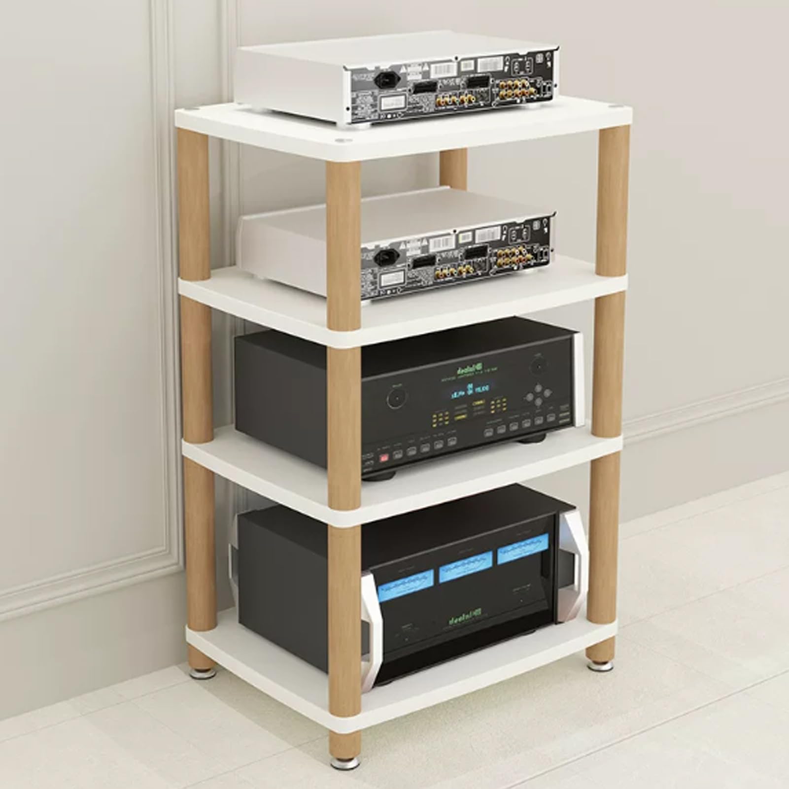 Wytrzymały Stojak Pionowy na Sprzęt AV, Pionowy Regał HiFi Cztery Poziomy | PółKa na SprzęT do Konsoli do Gier Telewizyjnych, Gramofon cd Szafka na Komponenty Stereo(White)
