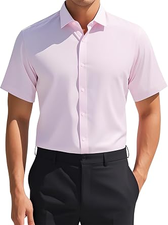 Mens Short Sleeve Dress Shirts Stretch Lightweight Business Solid Formal Button Down Shirts