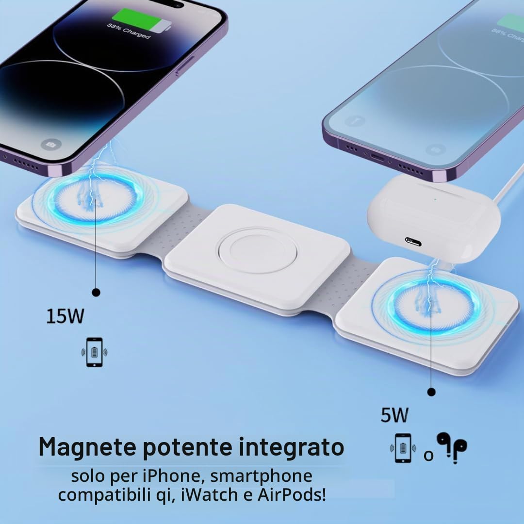 Stazione di ricarica 3 in 1 Caricatore da viaggio wireless pieghevole Samaray da 15 W Adattatore USB C da 20 W incluso!