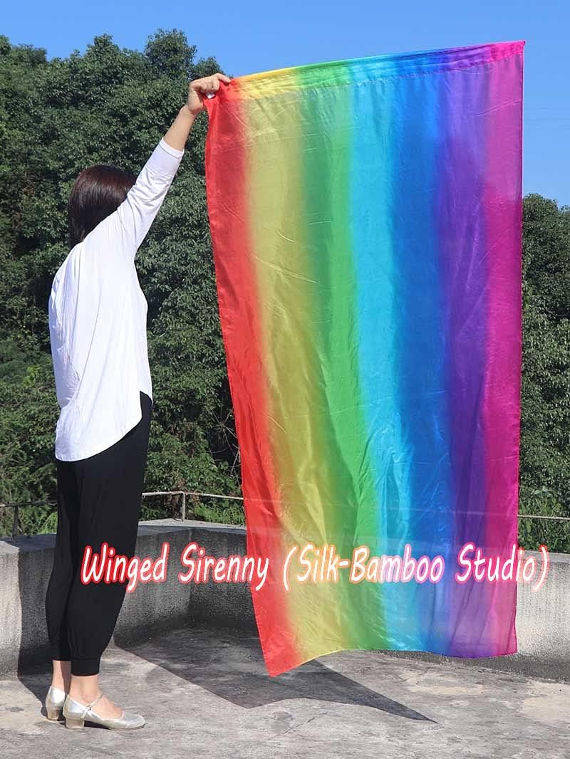 Winged Sirenny 70" Silk Worship Flags with Flex Rods, Handpainted Feather Light Fluid Translucent Silk Banner (Rainbow plus)