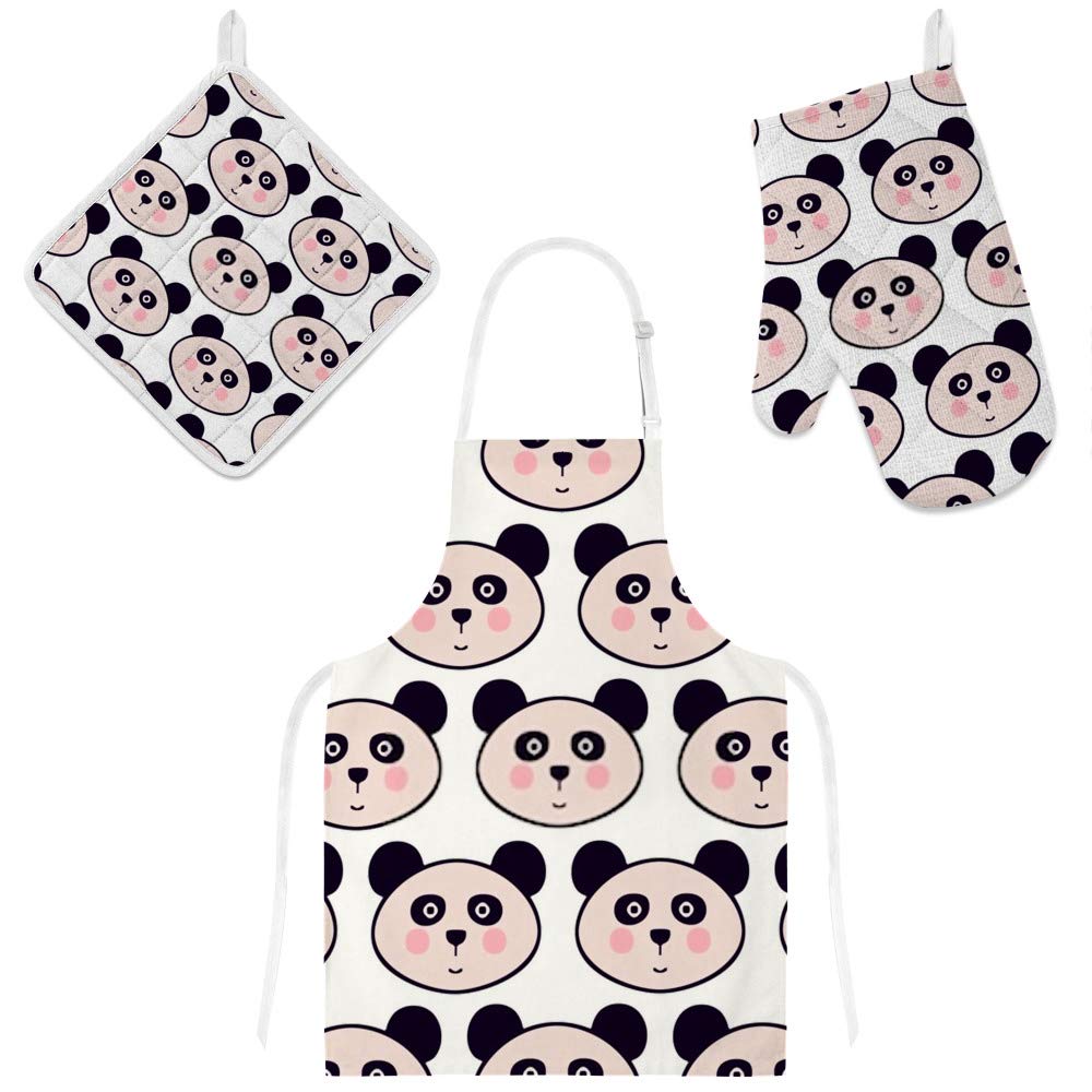 Tablier de cuisine avec maniques et gants panda mignon, lot de 3pcs