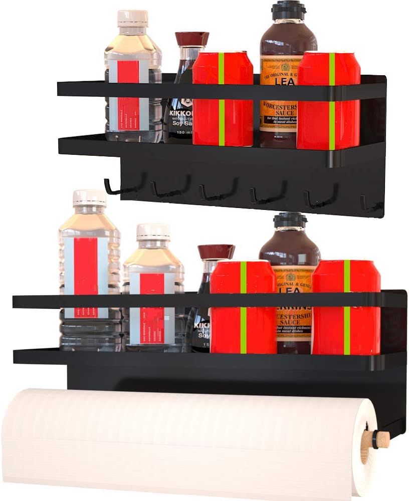 Magnetic Spice Rack Set for Refrigerator with Kitchen Utensil Hooks and Paper Towel Holder, Magnetic Shelf Can Hold Spice Containers, Kitchen Paper Towel, Cooking Utensil(Combination Pack, Black)