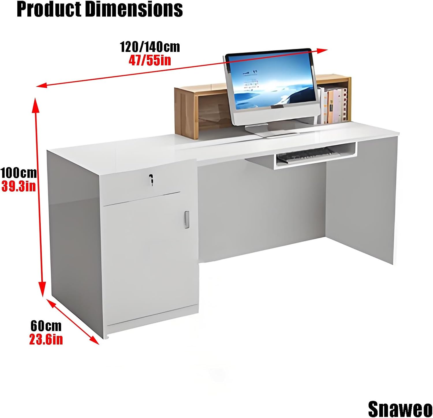 Reception Desk with Led Lights and Lockable Drawer, Retail Counter, Wooden Front Counter, Front Desk Reception Room Table for Checkout Office, Beauty Salon, Lobby(White+Wood R,140cm/55in)