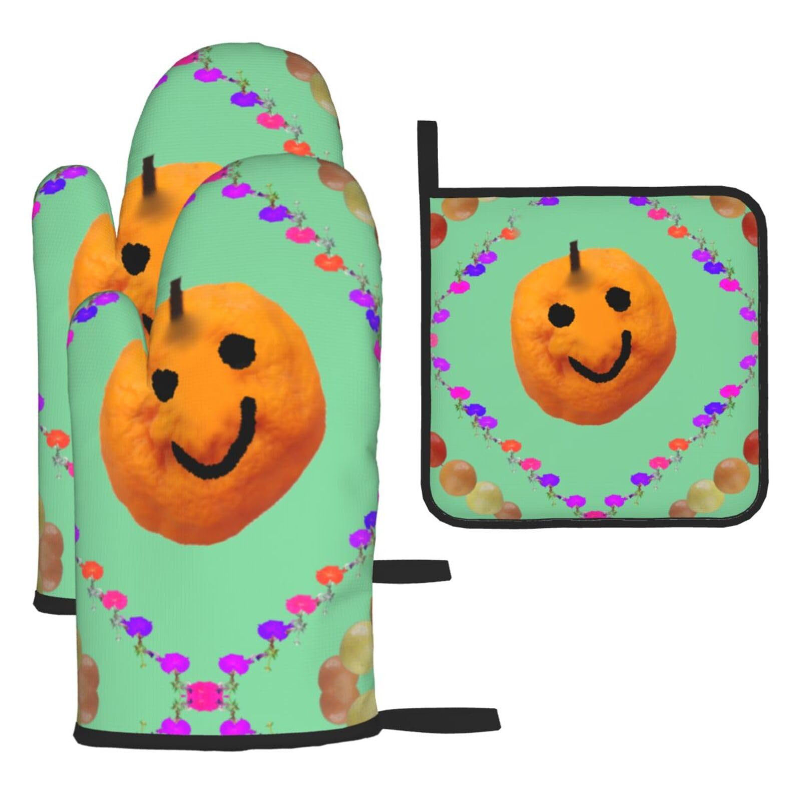 Smiley Citrus Oven mittens and oven mitts three-piece set suitable for oven, grilling, baking, microwave and home cooking.