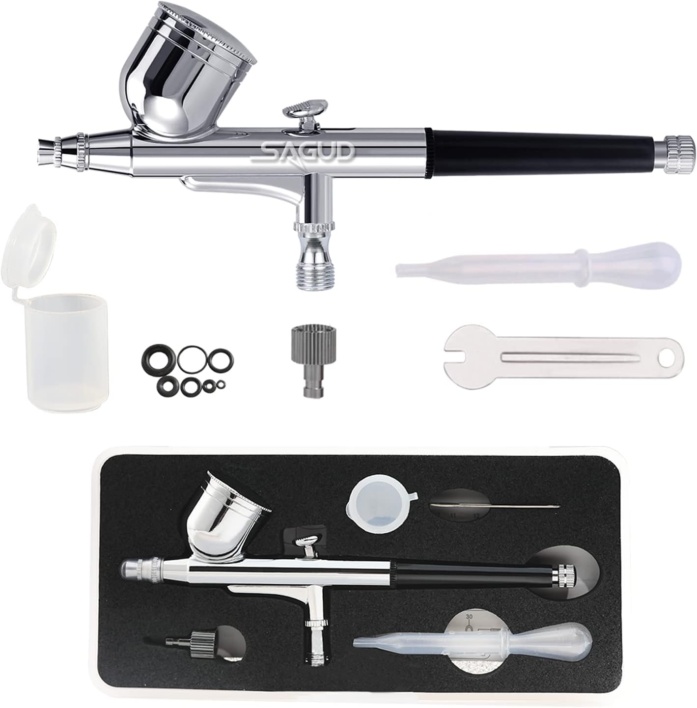 SAGUD Airbrush Kit Dual Action Gravity Feed Air Brush Set with 0.3mm and 1/3 oz. for Hobby, Models, Art, Tattoo, Nail Art, Cake