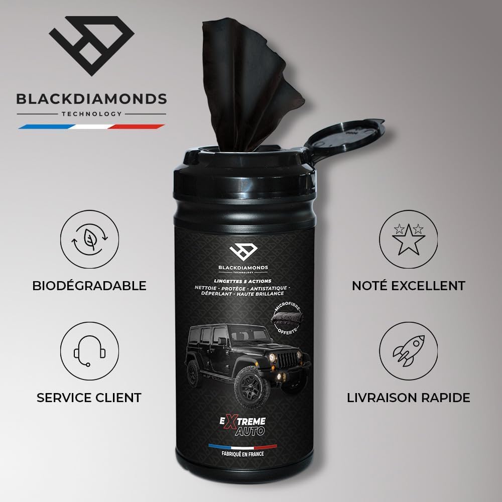BlackDiamonds - Lingettes Nettoyantes pour VOITURE - 5 Actions - Nettoie, Protège, Antistatique, Déperlant & Haute Brillance - Sans Eau ni rinçage- 80 Lingettes