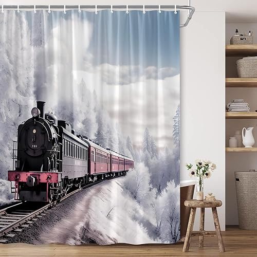 Cortina de ducha de tren de invierno, vintage, motor industrial, estación de locomotora antigua, bosque de nieve, pino, abeto, campo, paisaje rural,