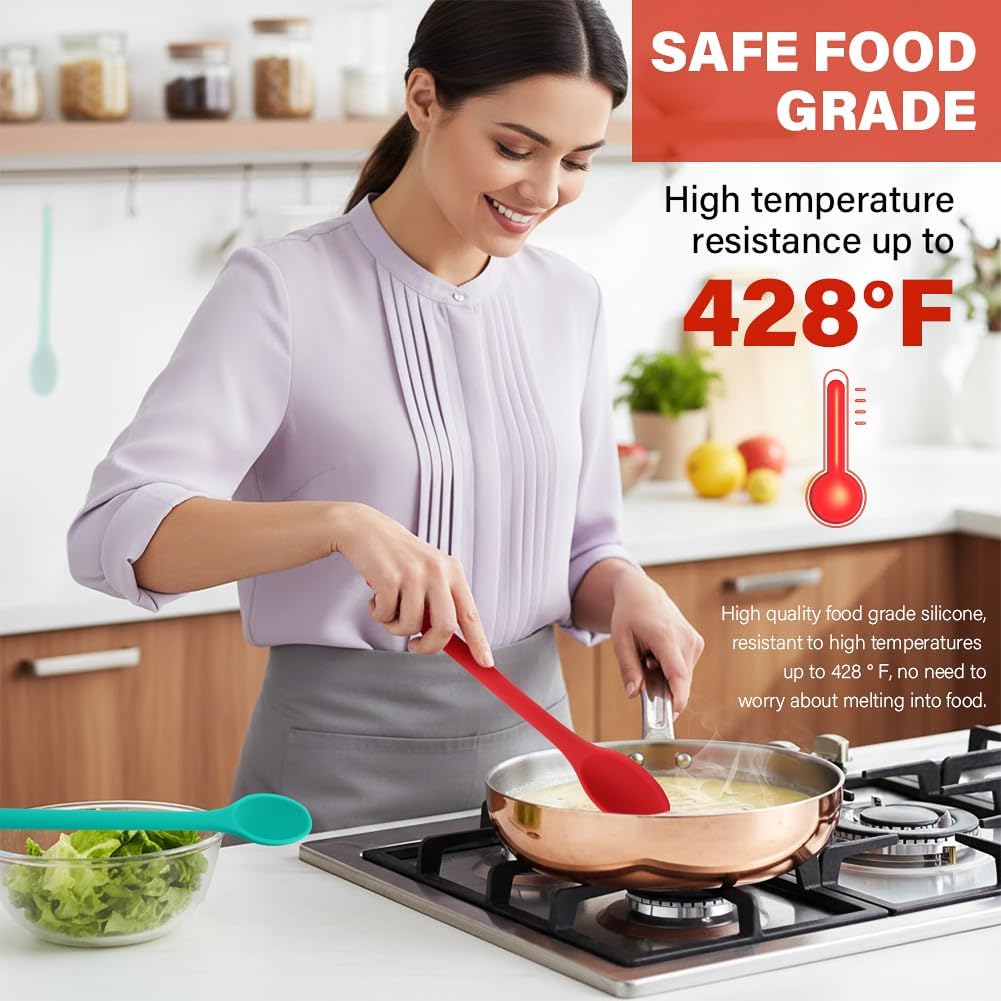 2pcs Extra Long Silicone Mixing Spoon,12 Inch Nonstick Heat Resistant Silicone Stirring Spoon w/Hooks, Stiff Large Kitchen Utensil for Cooking Baking Stirring Serving(COLOR:red)
