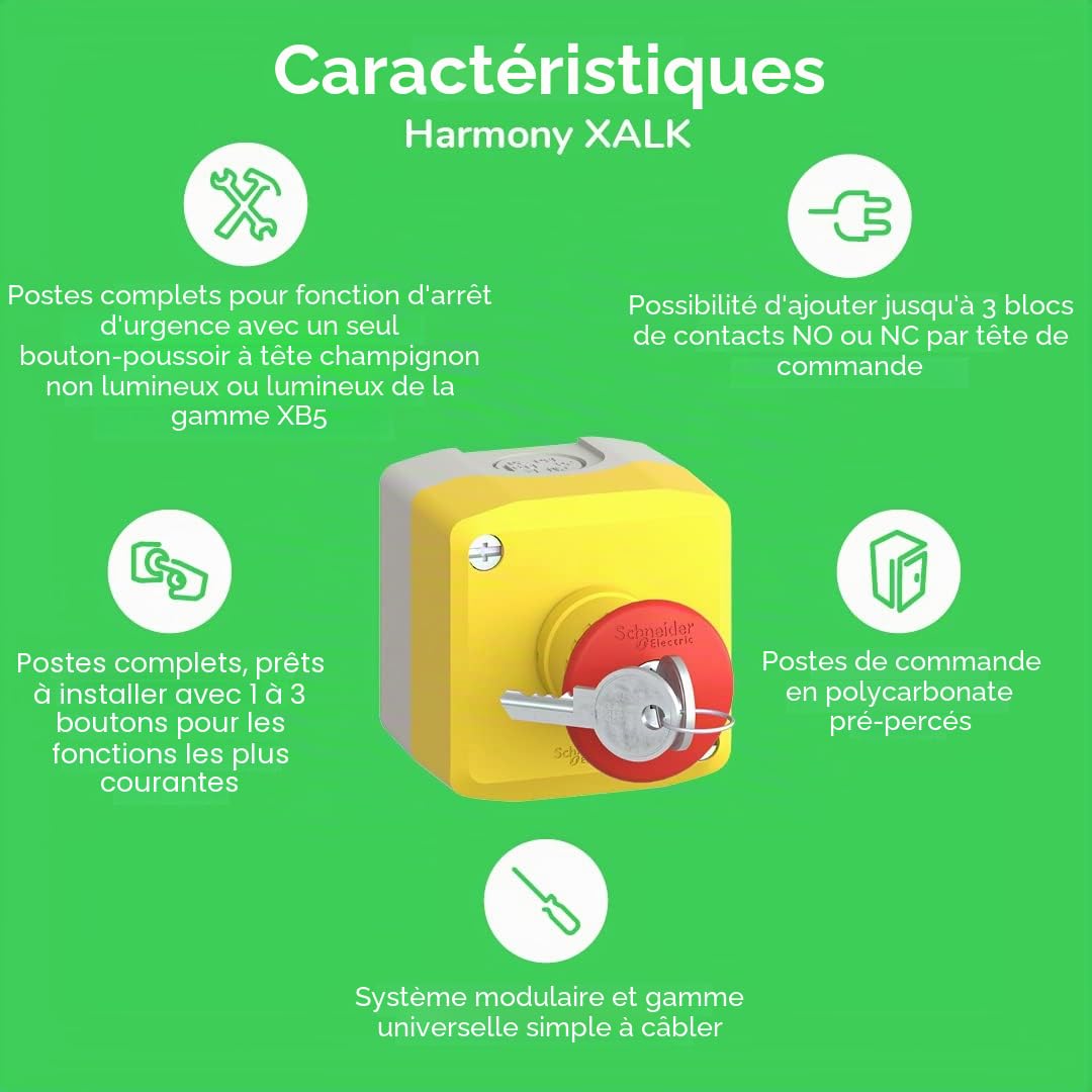 Schneider Electric - Harmony XAL - boite jaune arrêt urgen rouge - pouss tourn à clé - 1F+2O - Ø40 - XALK188G