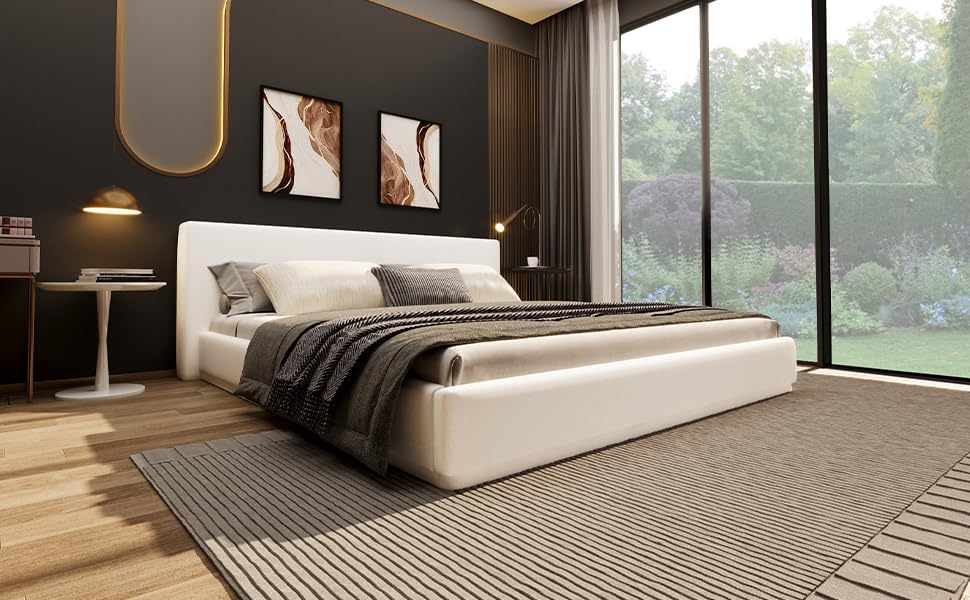 Merax Modern Upholstered Platform Bed with Headboard King Size, Velvet Floor Bed Frame with Wood Slat Support, No Box Spring Needed, White King White