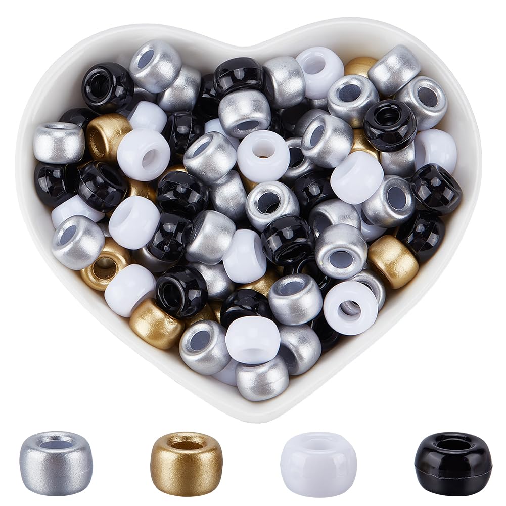 SOFPLATE 1 Box 800Pcs 4 Styles Black and White Pony Beads Bulk Neutral pony beads 9mm Gold Silver Cool Kandi Halloween Party Plastic Opaque Beads for Jewelry Making Beading Kits Bracelet Supplies