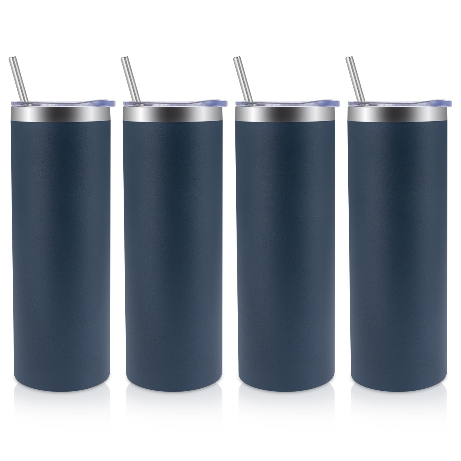 Volhoply 4 Pack Skinny Tumblers with Lid and Straw, 600ml (20oz) Stainless Steel Straight Tumbler Bulk, Vacuum Insulated Coffee Mug for Home, Office, Travel, DIY (Navy,4 Pack)