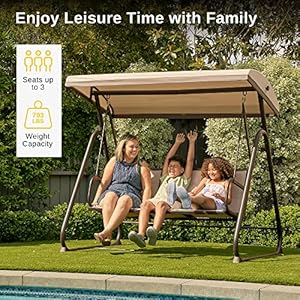 EAST OAK 3-Person Outdoor Patio Swing Chair with Adjustable Canopy, Porch Swing with Comfortable and Breathable Seats, Outdoor Swing Chairs for Garden, Balcony, Backyard, Chestnut Brown EAST OAK 3 Person Outdoor Patio Swing Chair with Adjustable Canopy Porch Swing with Comfortable and Breathable Seats Outdoor Swing Chairs for Garden Balcony Backyard Chestnut Brown