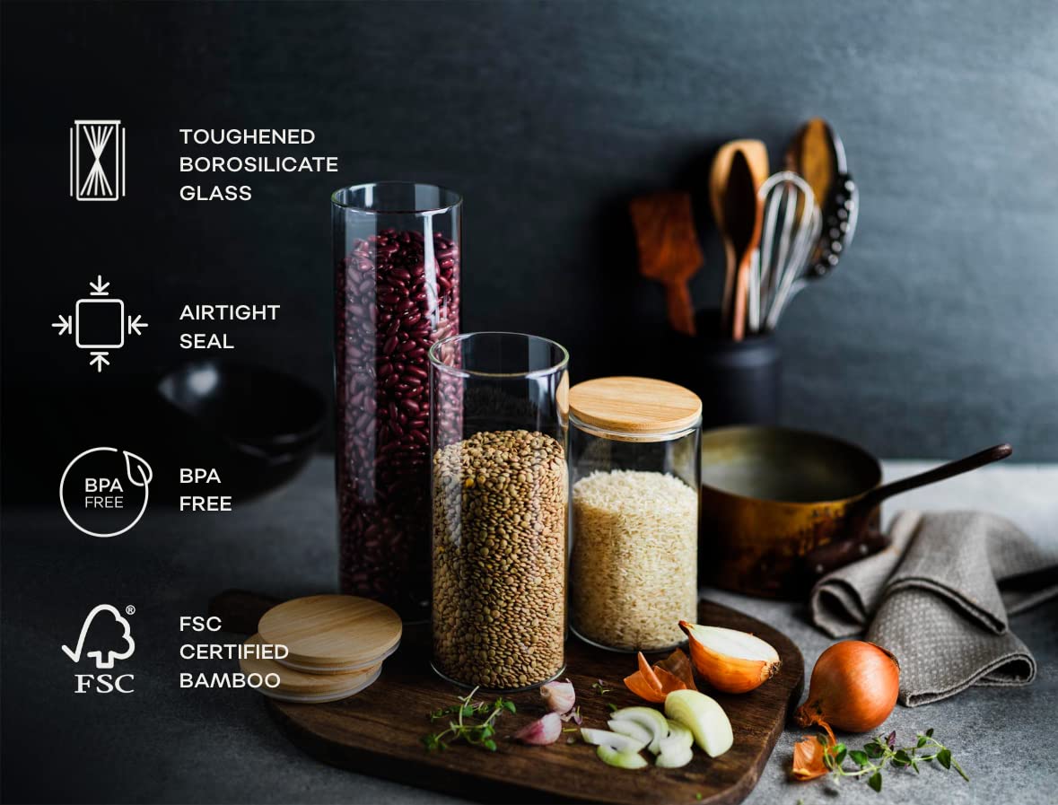 Barattoli in vetro | Set da 2 pezzi da 1800 ml | coperchi ermetici in bambù | Barattoli di vetro con coperchi | Barattoli per spaghetti | Contenitore per pasta | Contenitori per dispensa