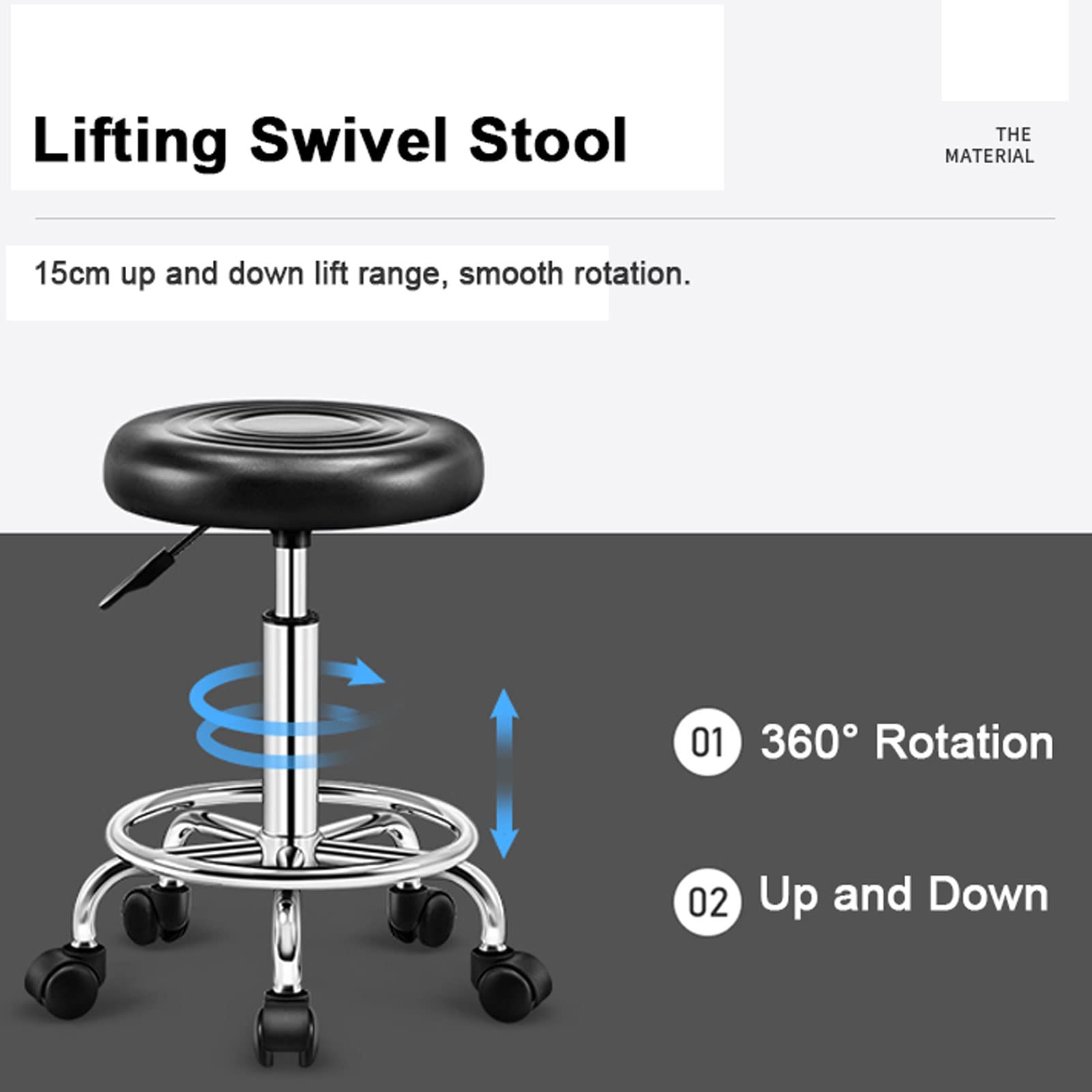 Taburete Redondo con Ruedas Y Reposapiés, Silla De Trabajo De Piel Sintética Ajustable, Silla De SPA para Salón De Tatuajes, Oficina, Taburetes De Masaje.,Black