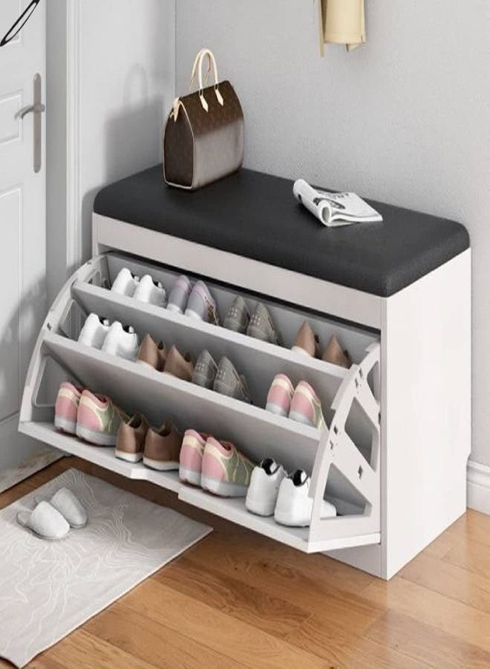 C&C Home Shoe Storage Rack with Changing Stool Cabinet