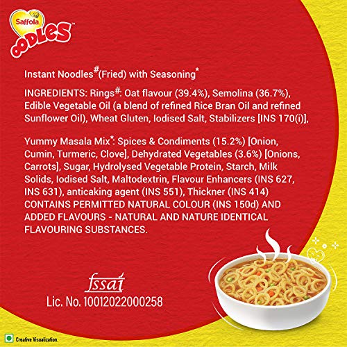 Image of Saffola Oodles,Instant Noodles,Ring Shape,Yummy Masala Flavour,No Maida,Whole Grain Oats,12 x 46 grams Pouch (12 Serves)