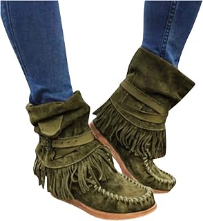 Women's Retro Round Toe Buckle Ankle Boots Fashion Fringe Boots Low Heel Rome Flat Shoes Tassel Footwear Knight Ankle Booties Short Boots (Green 35.5 EU)