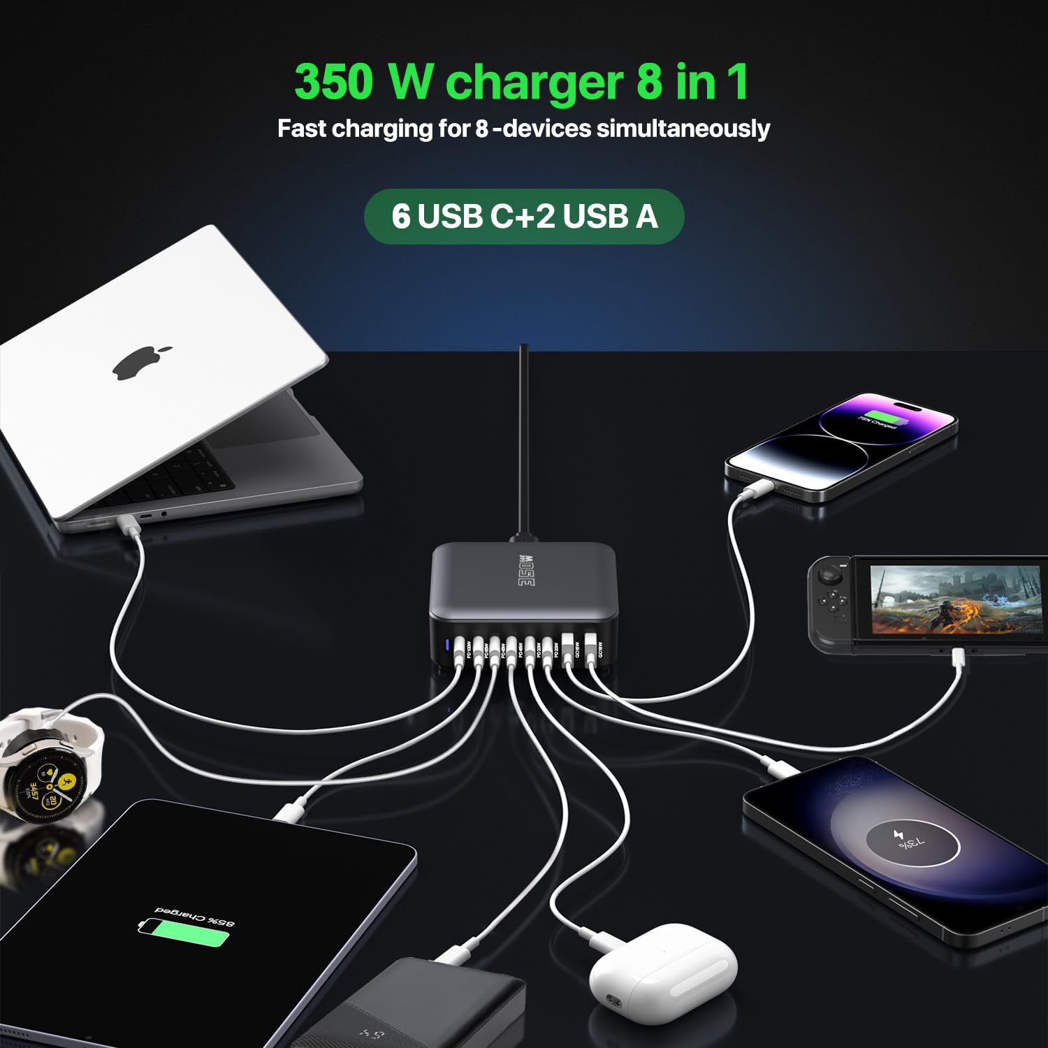 350W Caricatore USB C Multiplo, Stazione di Ricarica USB-C a 8 porte GaN, Caricatore Rapido 100W, Hub di Alimentazione, compatibile con iPhone/Samsung/Google/Laptop/MacBook Pro/MacBook Air.