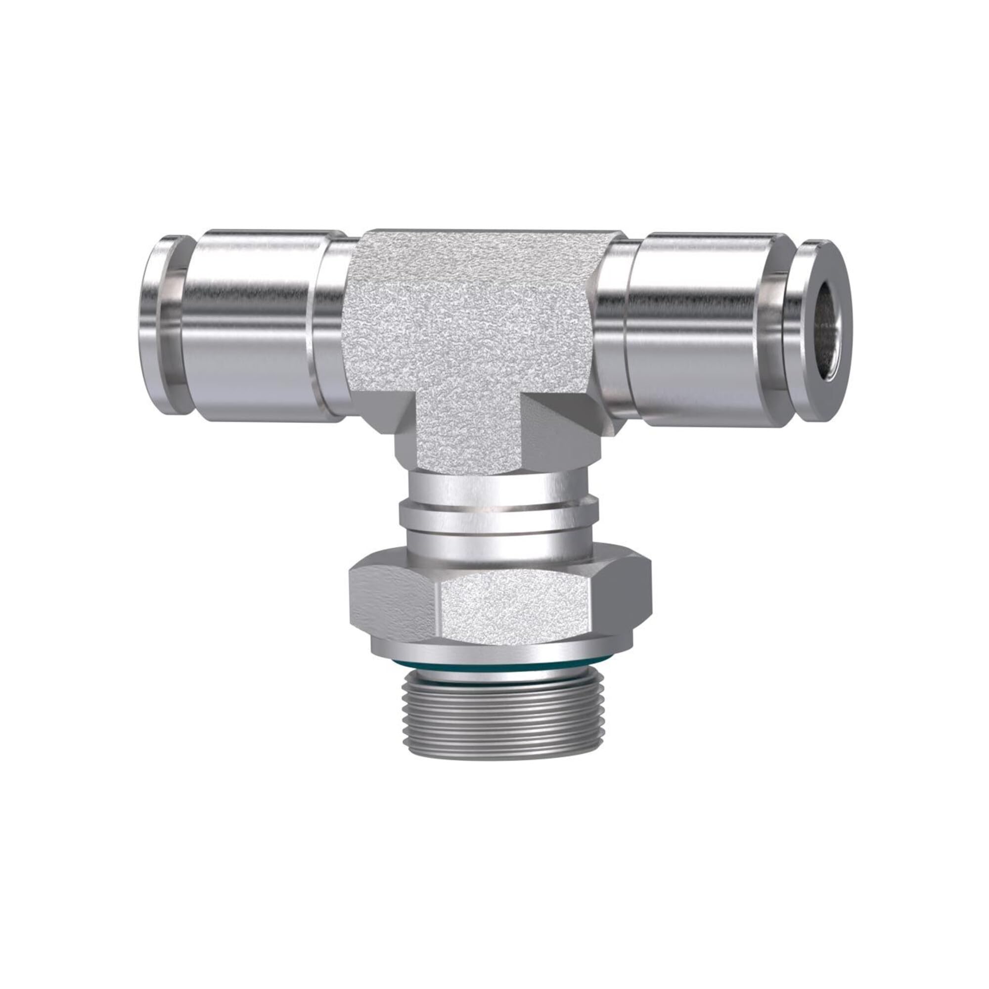 Racor en T, giratorio, G 1/2 A, para manguera de diámetro exterior de 16 mm, presión de trabajo máx. 20 bares, acero inoxidable 1.4404.