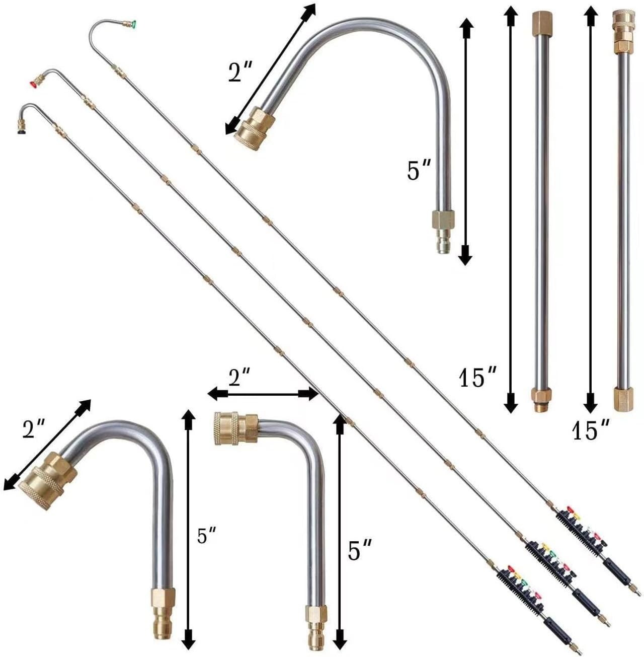 Pressure Washer Extension Wand Kit with 1/4 Inch Quick Connect 4000 PSI Stainless Steel Replacement Lance and Curved Rods for Gutter Cleaning 6 Spray Nozzle Tips and 10 Extension