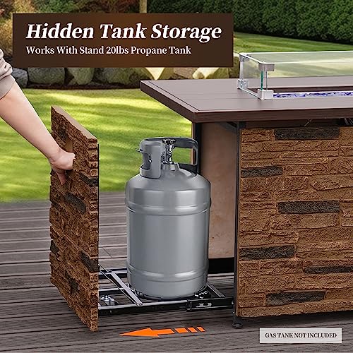 Pizzello 43" Propane Fire Pit Table Stone Outdoor Rectangular Firepit Table 50000 Btu Propane Fire Tables For Outside Patio With Glass Wind Guard, Lid, Fire Glass Beads, Pizzello Caldo (Brown) #TOP6