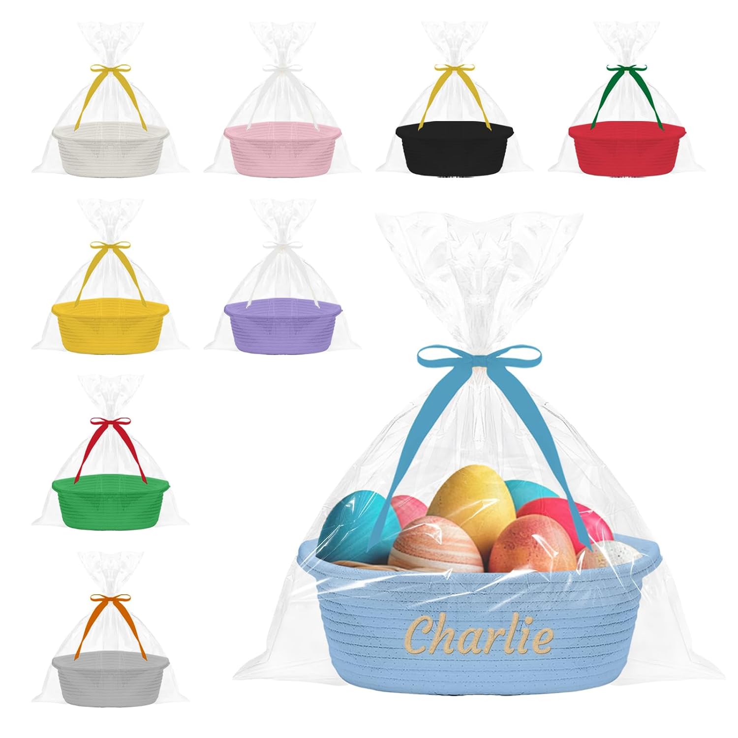 Personalized Gift Basket, Includes Gifting Bag and Ribbon, Embroided Cotton Rope Diaper Caddy with Name, Babies Decorative Room Storage for Baby Shower Nursery Bedroom Bathroom, Colorful