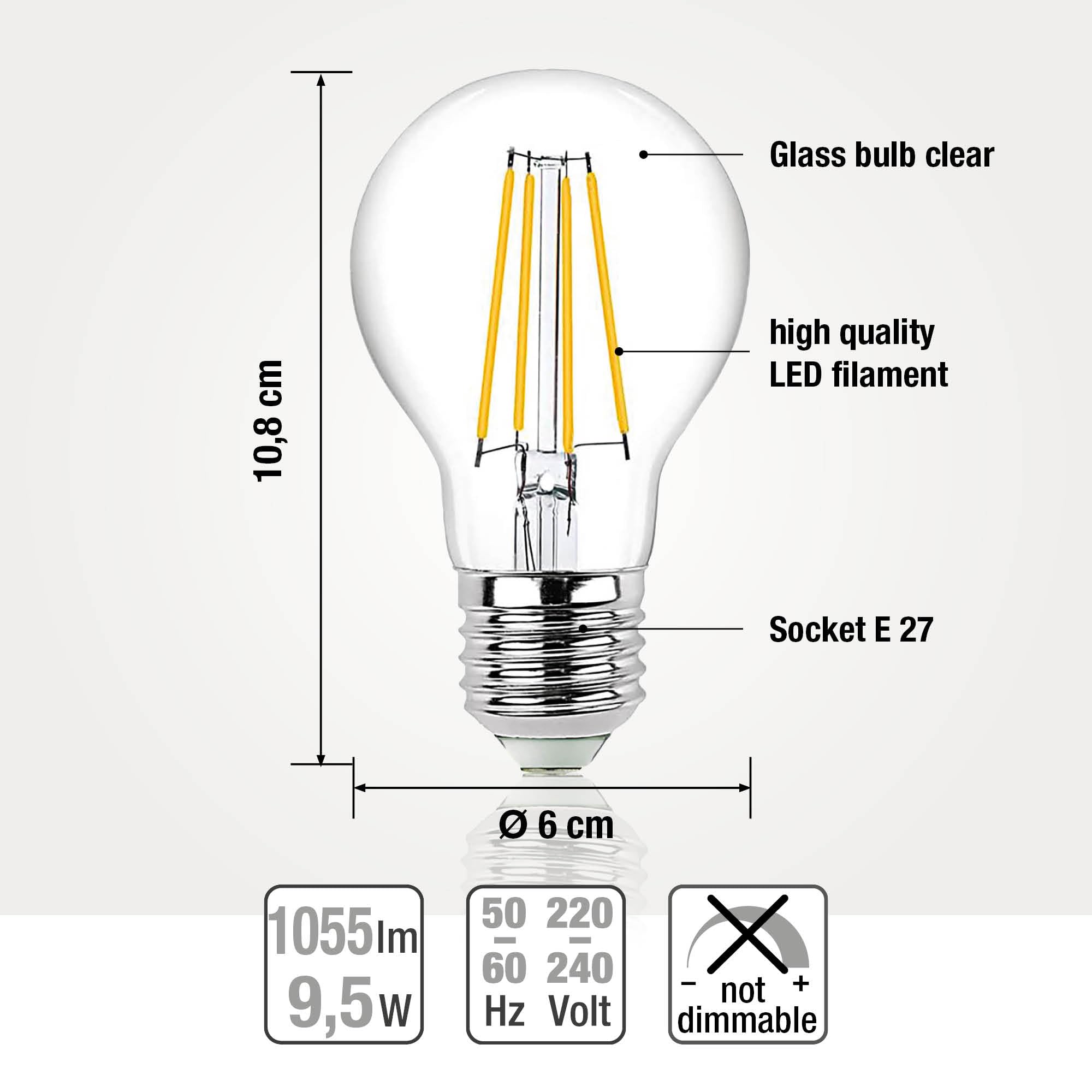 hellum Bombilla LED E27, 10 unidades, 9,5 W, luz blanca cálida, 1055 lúmenes, filamento LED, E27, bombilla LED vintage equivalente a 75 W, 2700 K, blanco cálido transparente, 206128