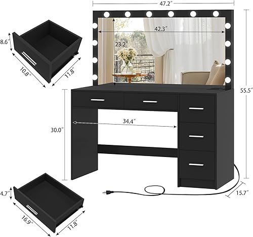 Vista 5 de usikey Escritorio grande de tocador de 47.2 pulgadas con espejo iluminado, 14 luces, mesa de tocador de maquillaje con 5 cajones grandes y estación