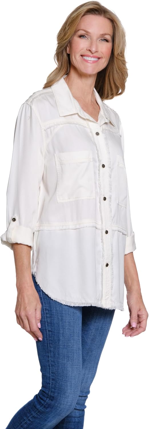 MULTIPLES Women's Roll Tab Long Sleeve 2-Pocket Button Front Fringed Shirt - Image 3