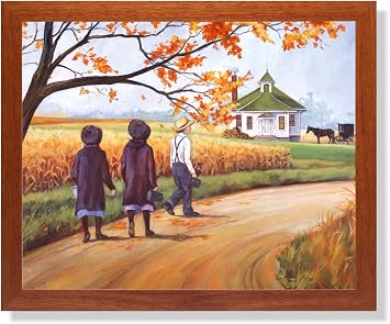Amish Children Walking to School Horse Buggy Art Print 16x20" Honey Frame + Glass Beautiful &b Ready to Hang