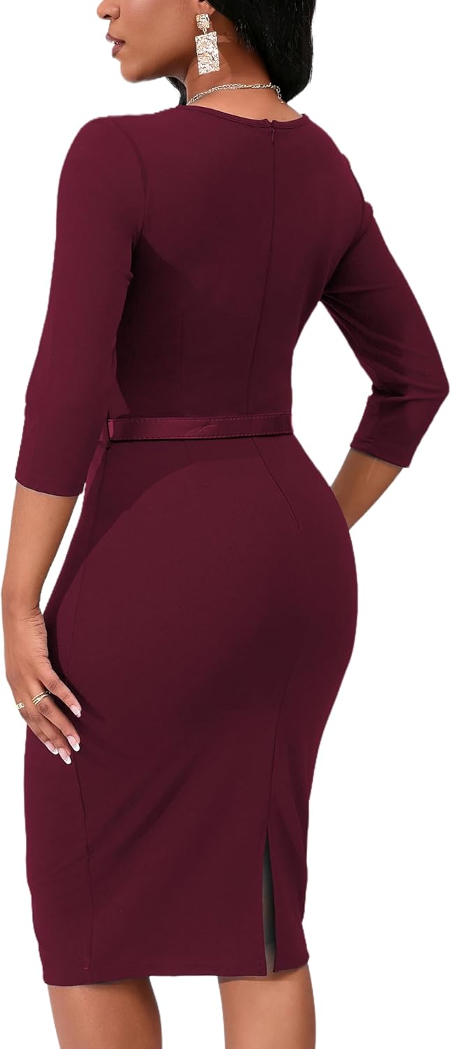 Womens 1950s Vintage Bodycon Pencil Midi Dress 3/4 Sleeve Work Church Knee Length Sheath Dress with Belt Belt - Image 5