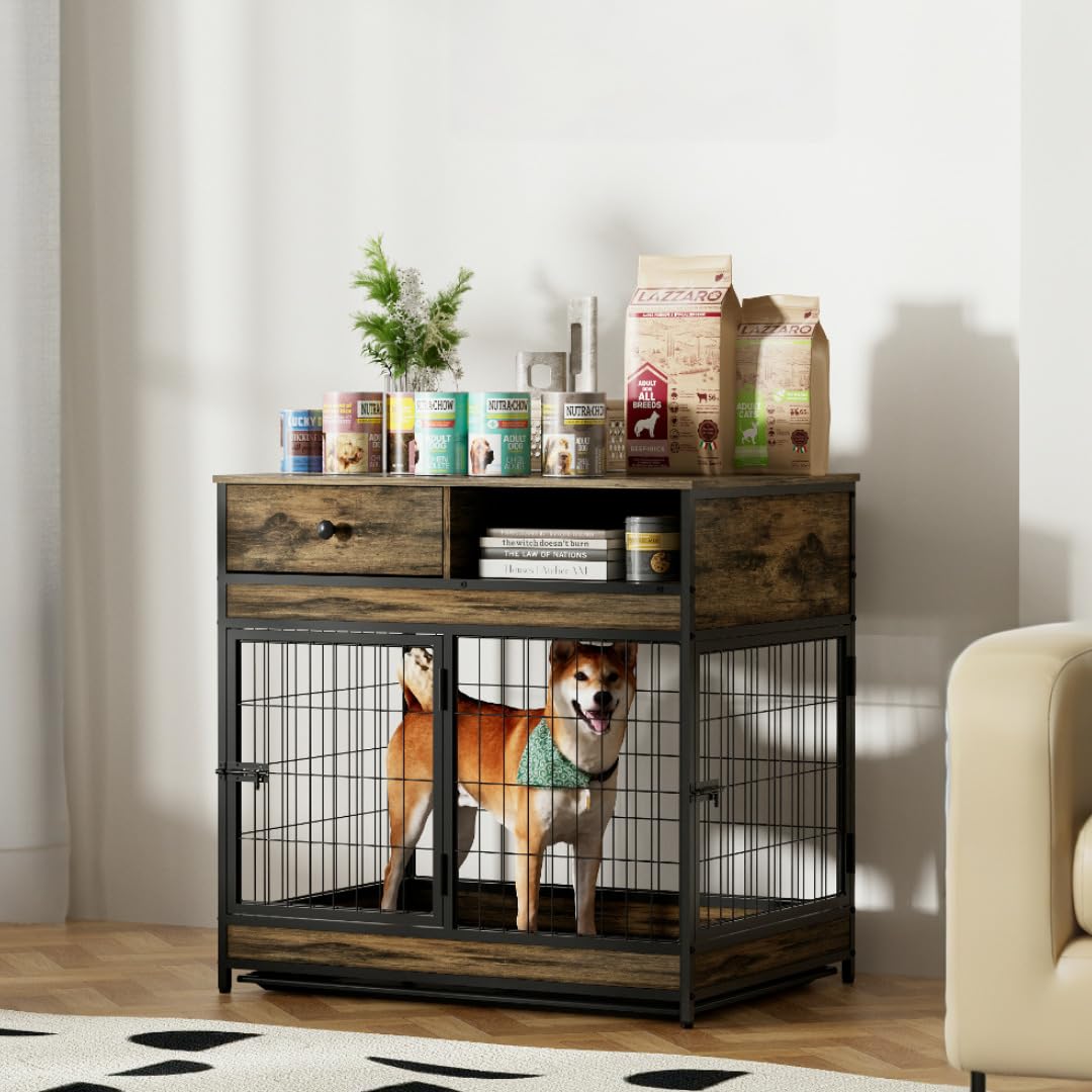 Stunning Industrial Dog Crate Side Table With Metal Storage Drawers image