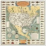 Vintage Big Game Fish Map of North America, Illustrated Fresh and Salt Water Fishing Guide, Decorative Wall Art Print (18 x 18 inches)
