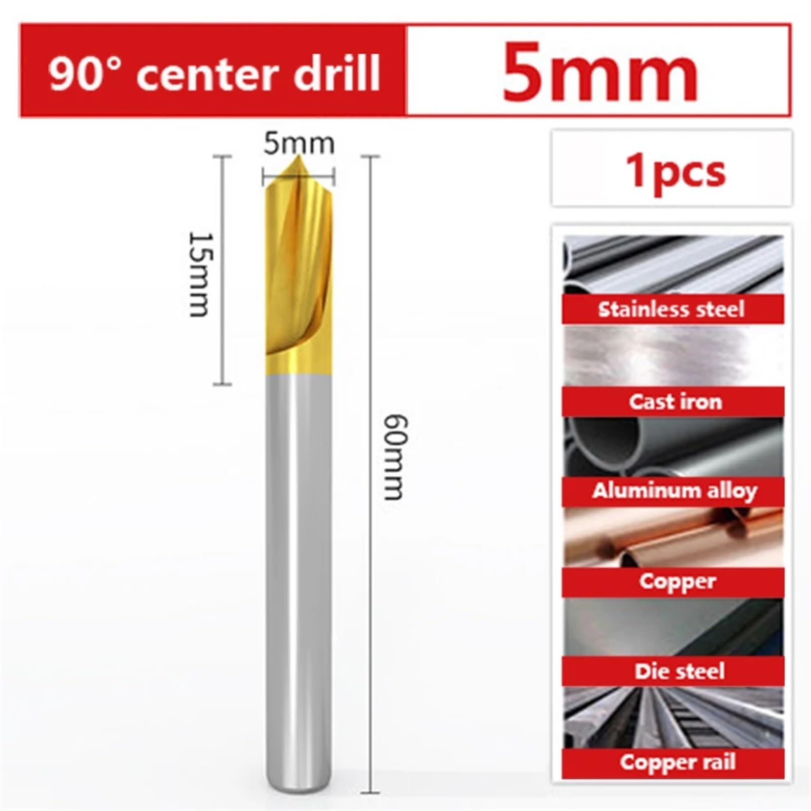Broca de centrado de 90 grados, cuchilla de biselado de acero inoxidable, centro de mecanizado, brocas de posicionamiento compuestas, 1 unidad(5mm (1pcs))