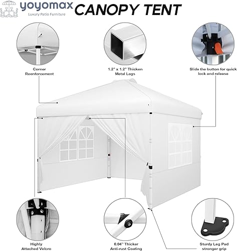 Miniatura 3 de yoyomax Toldo desplegable de 8 x 8 pies, kiosco plegable instantáneo, tienda de campaña ligera para exteriores con paredes laterales y ventanas de