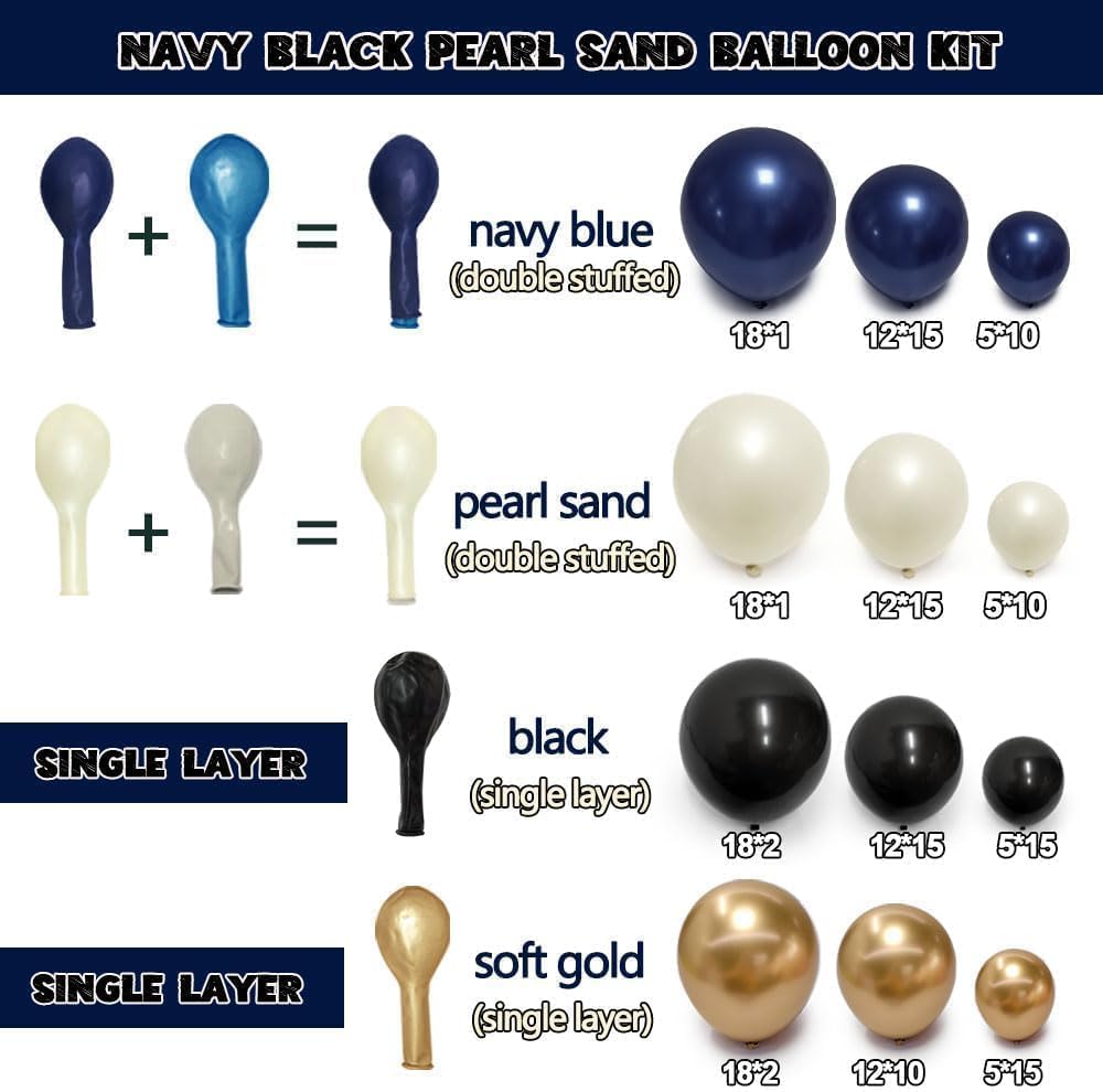 Navy Blue Black Balloon Arch - Double Stuffed Pearl White Sand, Dark Royal Blue Gold Balloon Garland Kit for Birthday 2026 Graduation Men Anniversary Prom Wedding Party Decoration