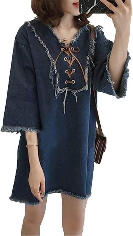 Amazon Co Jp Jiangwei大きいサイズ レディース ゆったり 半袖 デニム ワンピース ミニ丈 ｔシャツ おしゃれ リボン付き ダメージ かわいい 服 ファッション小物